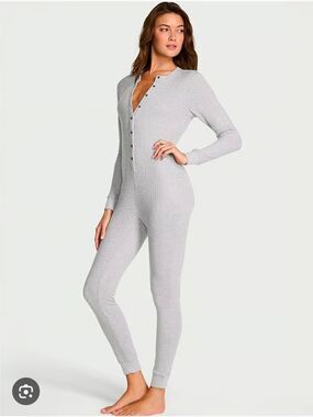 Aerie Rib Knit Long-Sleeve Henley Jumpsuit — Light Gray